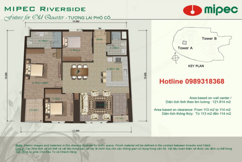 Cho thuê căn hộ Mipec Riverside đủ đồ, 03pn 125m2