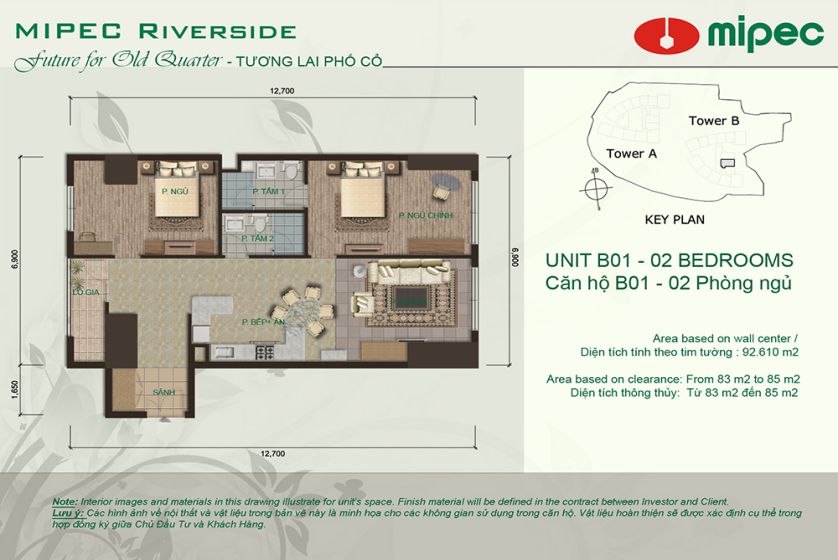 Apartment in Mipec Riverside to rent, 2 beds with lake view