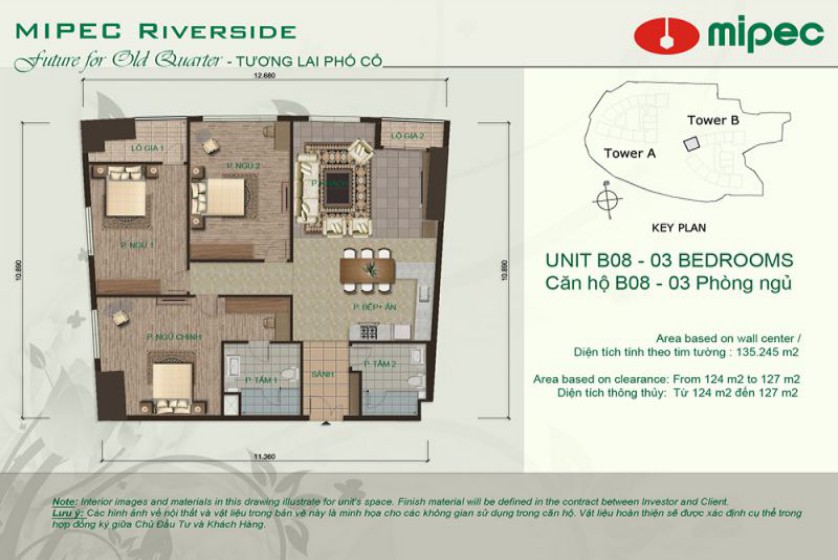 Mipec Riverside apartment 3 bedrooms, 02 shower rooms, 130m2