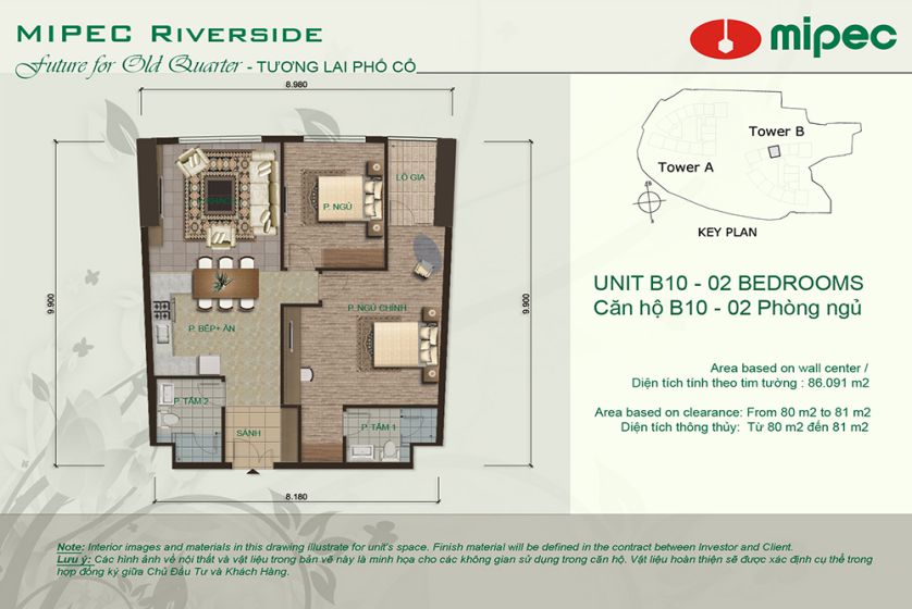 Red river view Mipec Riverside apartment with 02 bedrooms, 86m2