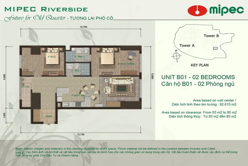 Căn hộ 2 phòng ngủ tại Mipec Riverside cho thuê nhìn ra hồ – Mặt bằng
