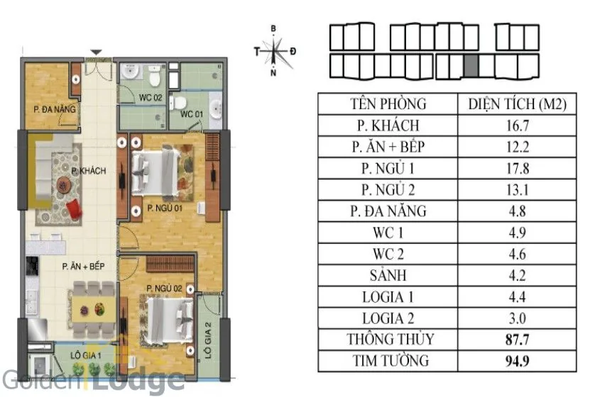 Apartment in Trang An Complex Phung Chi Kien furnished, 95m2 – Floor plan