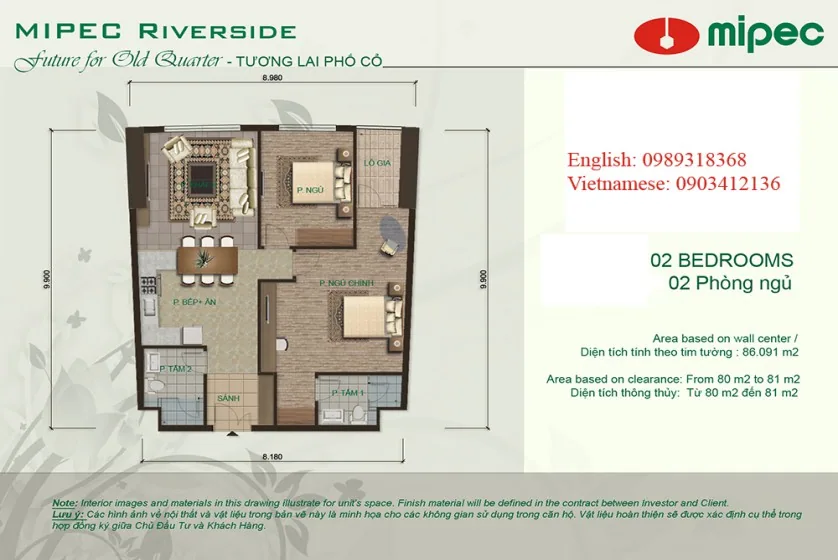 Furnished apartment in Mipec Riverside 02 bedrooms 82m2 to rent – Floor plan