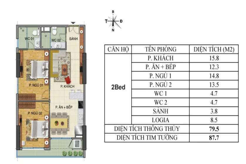 Furnished Trang An Complex apartment, 2 bedrooms, 88m2 for rent – Floor plan