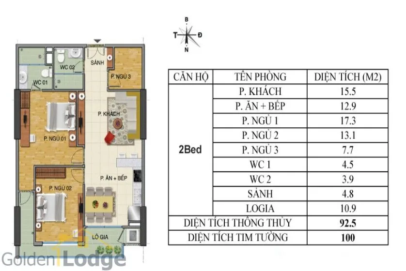 Furnished Trang An Complex apartment rental with 2 + 1 bedroom – Floor plan