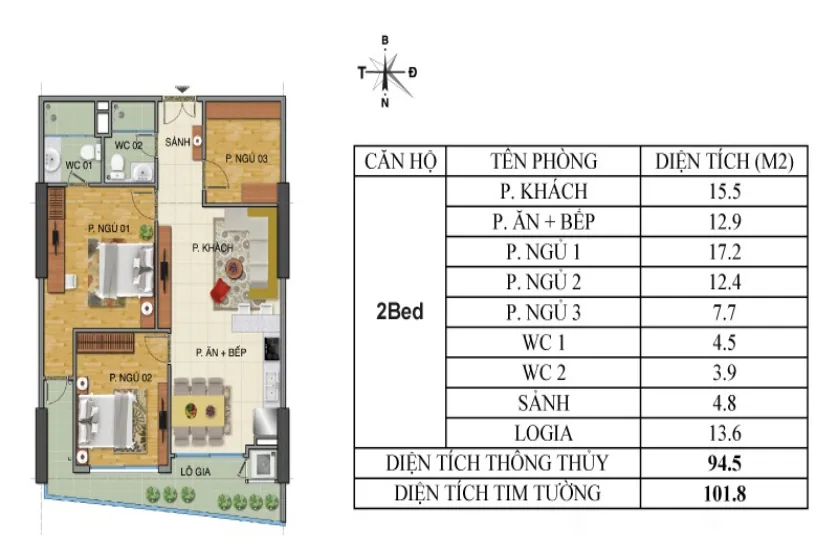 Furnished Trang An Complex apartment with balcony, City view – Floor plan