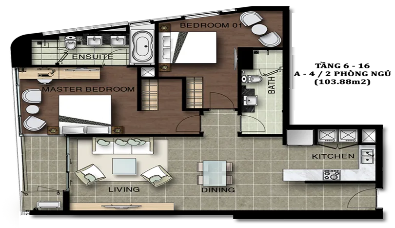 Furnished Watermark Hanoi on Lac Long Quan with 2 bedrooms – Floor plan