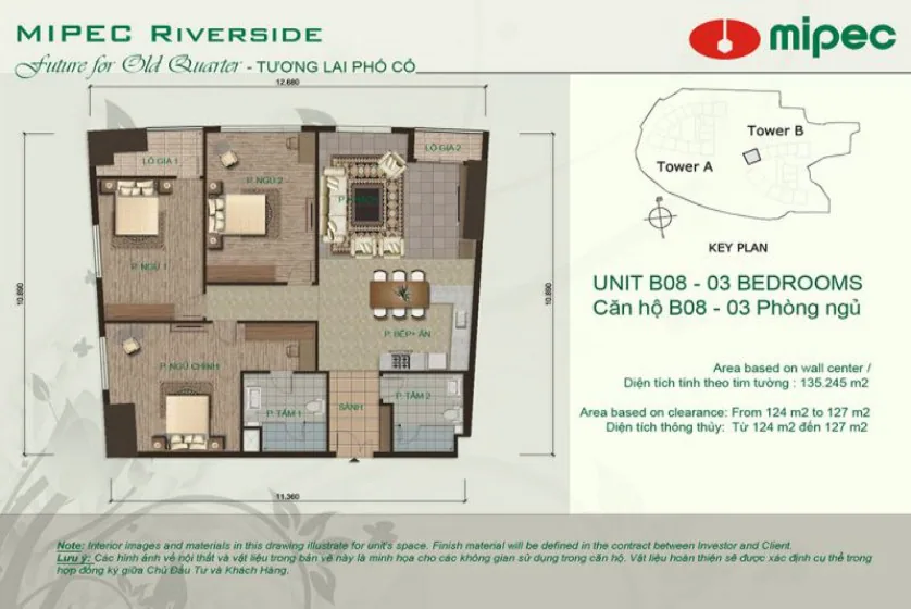 Căn hộ tại Mipec Riverside với 3 phòng ngủ, 2 phòng tắm – Mặt bằng