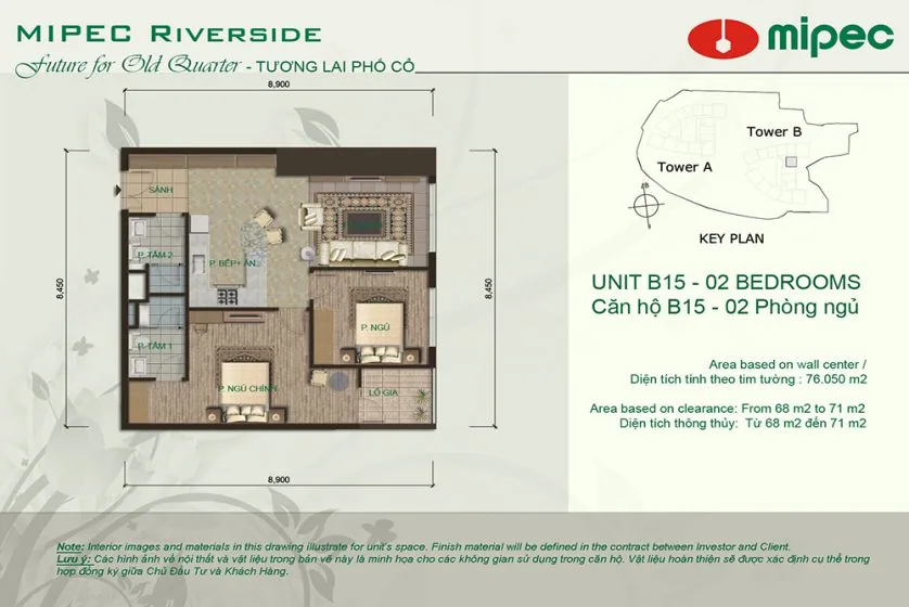 Mipec Riverside cho thuê căn hộ 2 phòng ngủ nhìn ra hồ – Mặt bằng