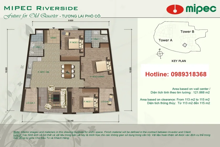 Mipec Riverside apartment with 3 bedrooms, furnished on Tower B – Floor plan