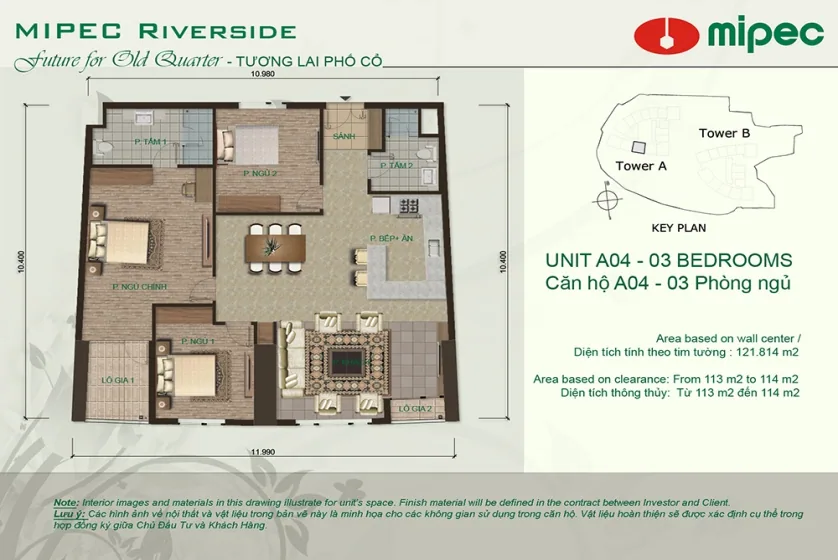 Căn hộ 3 phòng ngủ cho thuê tại Mipec Riverside nhìn ra sông Hồng – Mặt bằng