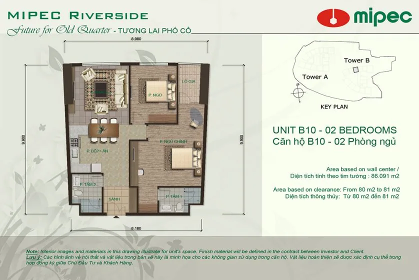 Căn hộ nhìn ra sông Hồng 2 phòng ngủ tại Mipec Riverside – Mặt bằng