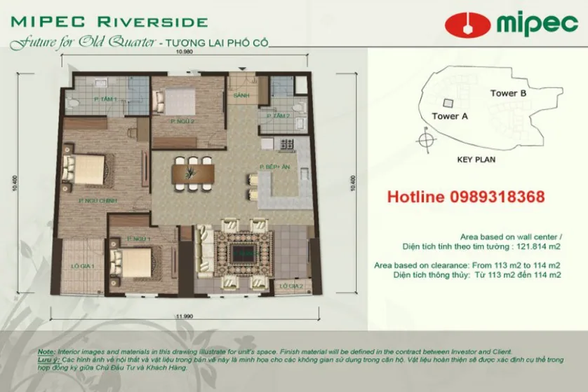 Red river view Mipec Riverside apartment with 3 bedrooms, 125m2 – Floor plan