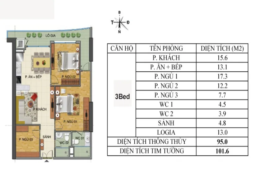 Trang An Complex apartment with 2 bedrooms and 1 small room – Floor plan