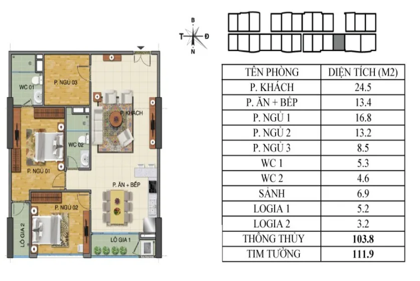 Unfurnished Trang An Complex apartment with 3 beds, 2 shower rooms – Floor plan